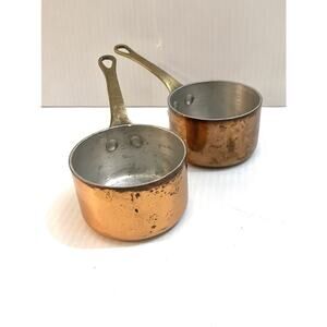Antique Copper Mini Saucepan Set Of 2 Hammered Brass Handle Measuring Cup 3”